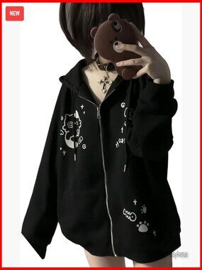 Y2K Cat Ears Graphic Zip Up Hoodie Kawaii Oversized Streetwear Jacket